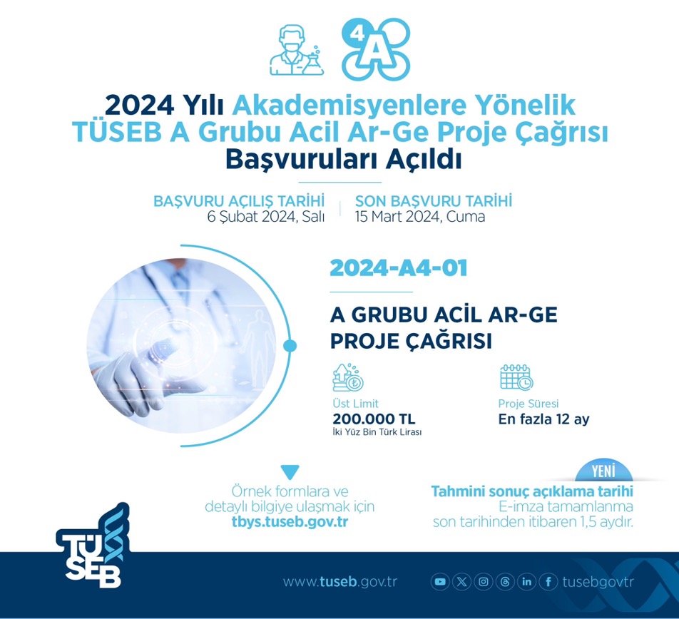 2024 yılı TÜSEB A-Grubu Ar-Ge Proje Çağrısı